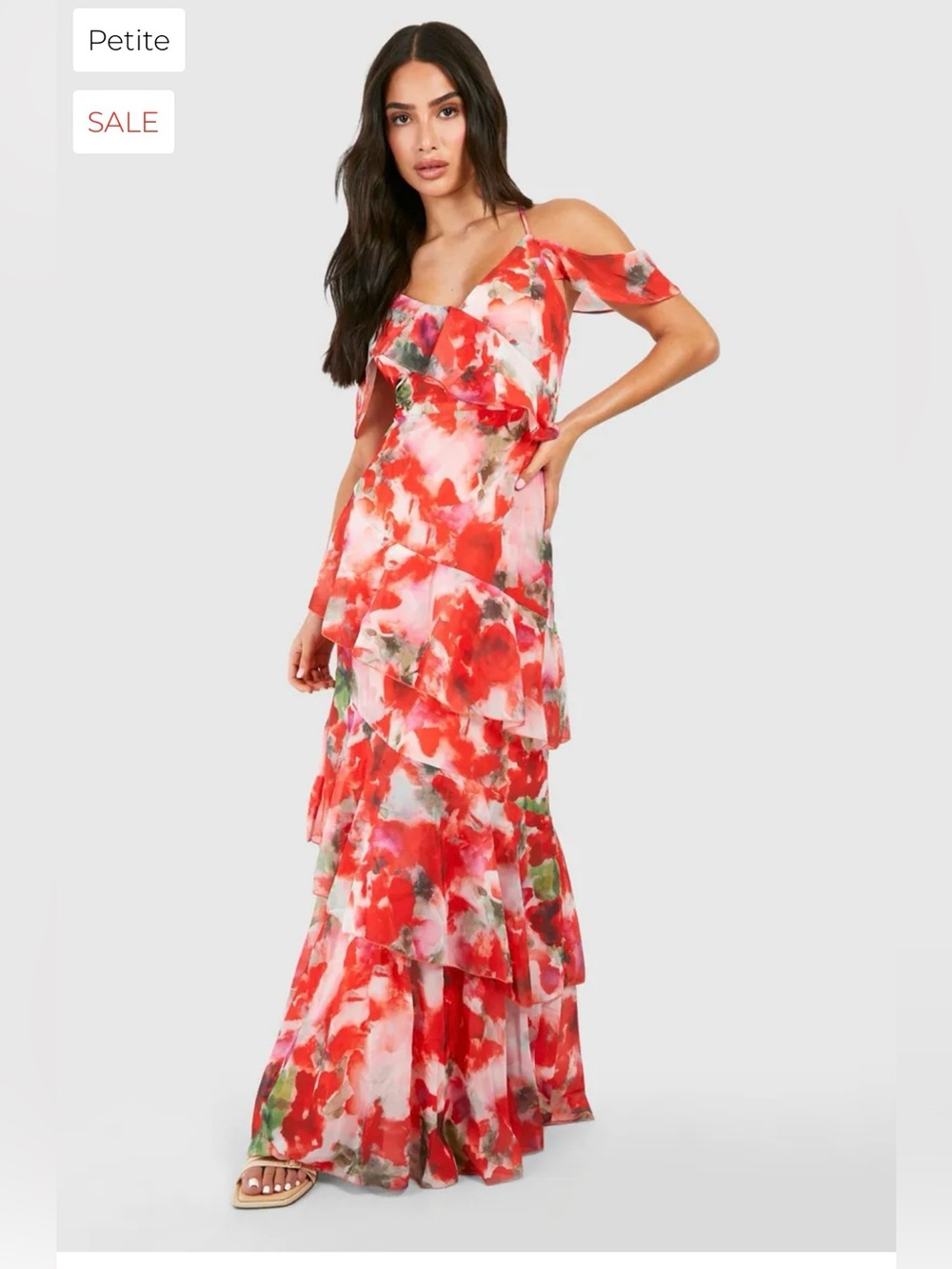 Boohoo Red Floral Ruffle Tiered Maxi Dress size 2 NWT